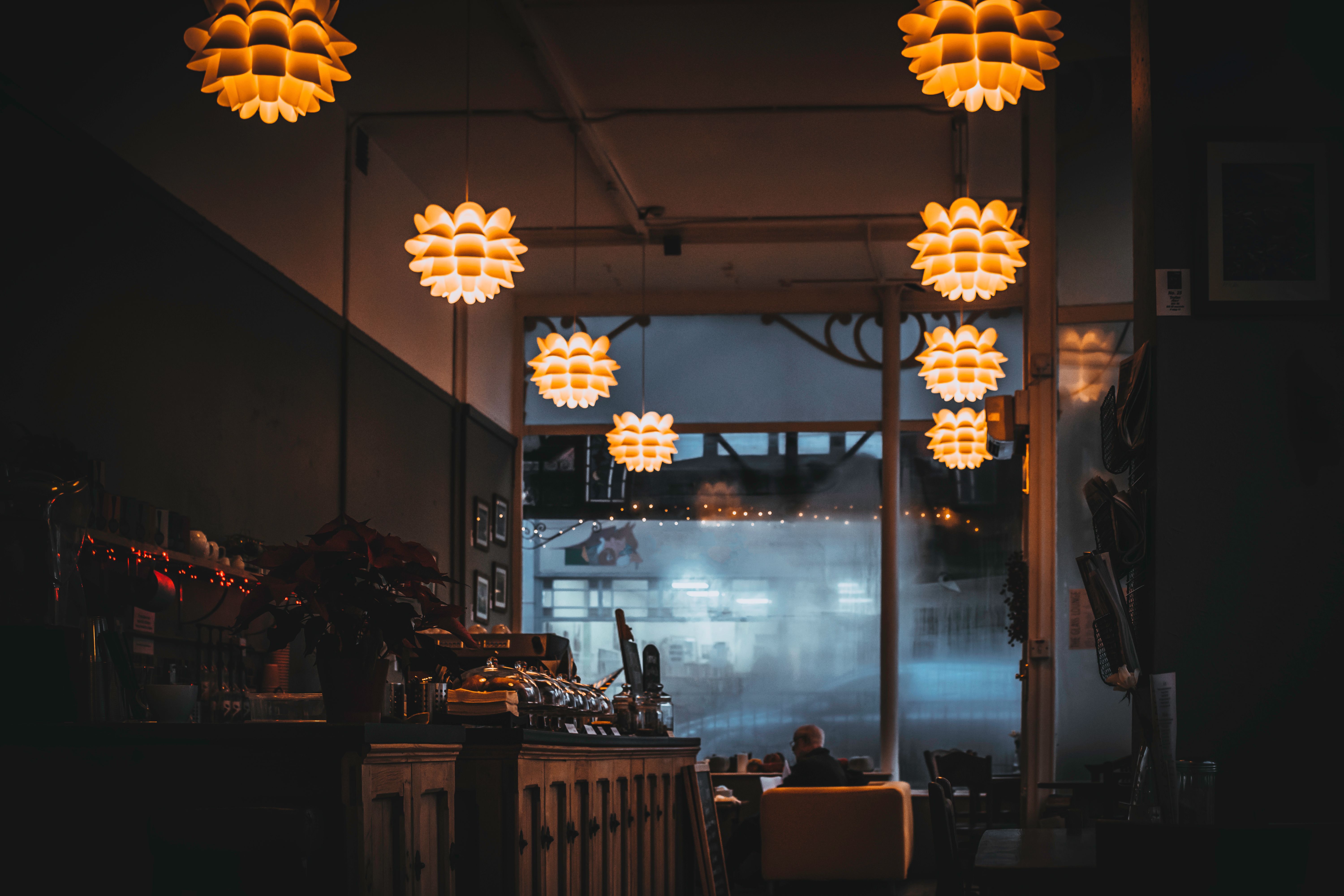 Modern restaurant interior with industrial lighting