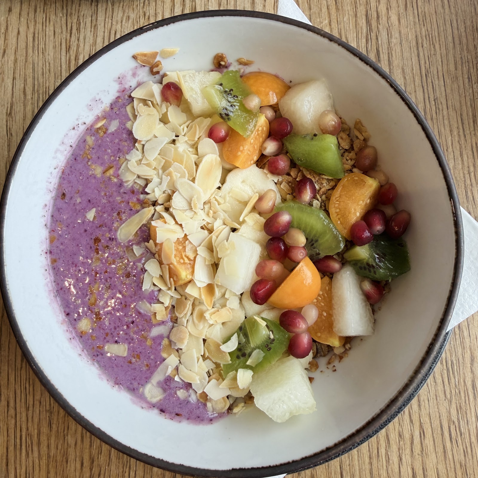 Colorful breakfast bowl with yogurt, granola, and fresh fruit