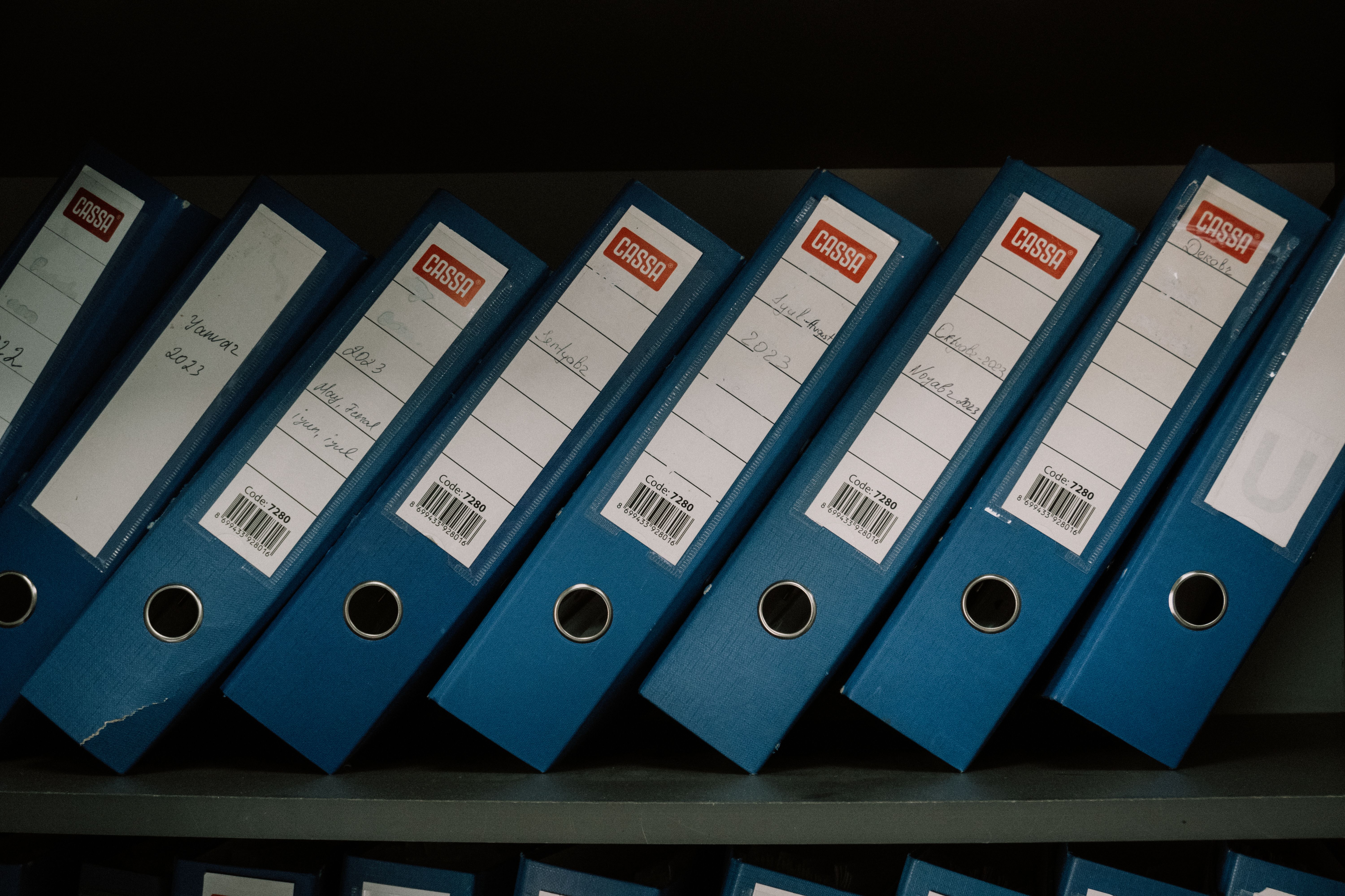 A row of neatly labeled blue ring binders on an office shelf