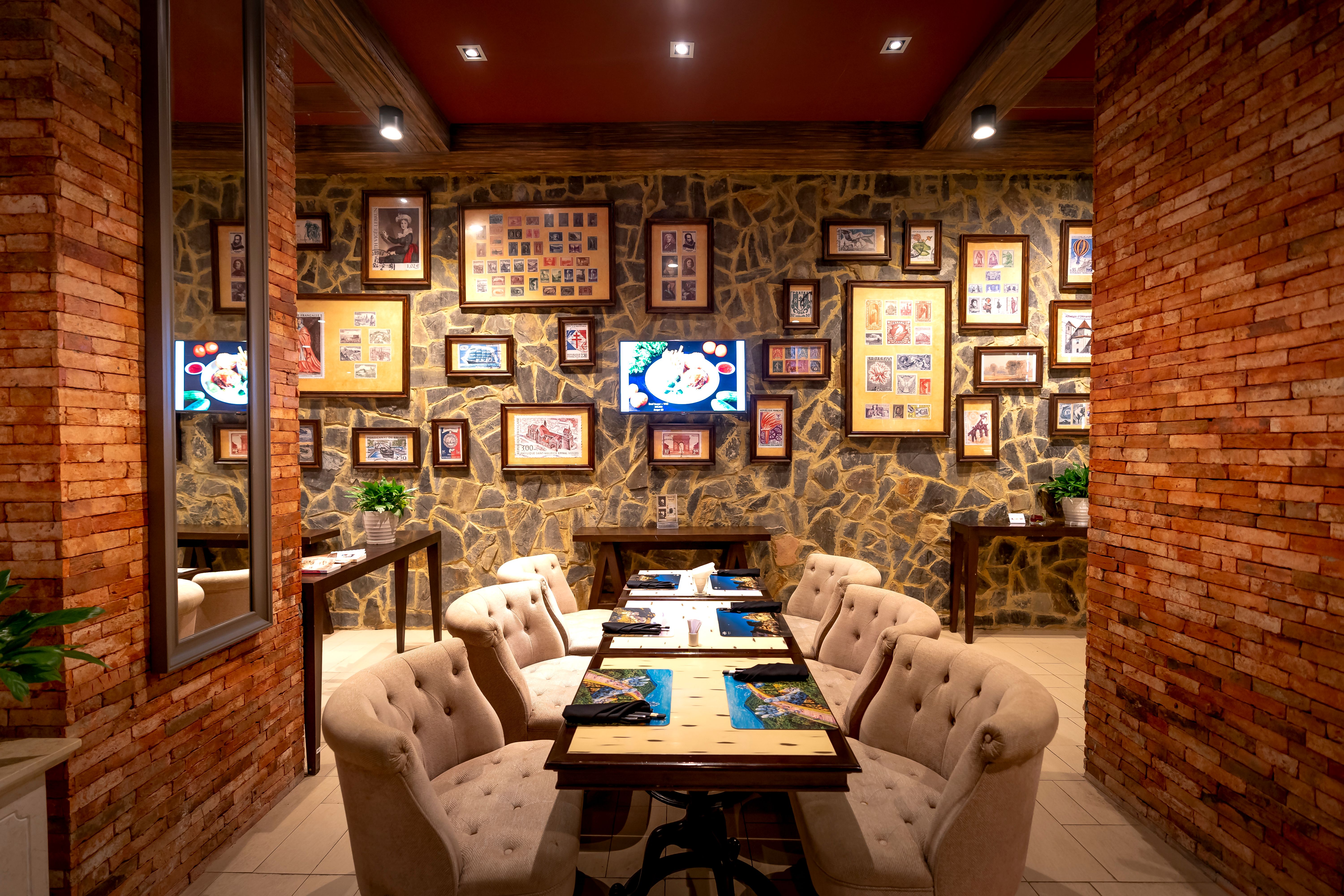 Cozy corner of the restaurant with plush seating